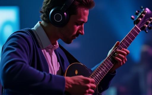 Musician holding a sleek, modern piece of technology while performing