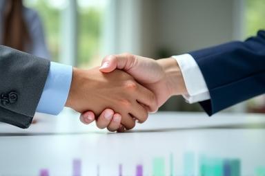 Two hands reaching across a table with subtle branding elements