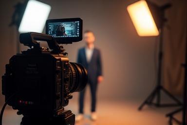 Video camera setup filming a subject in a studio