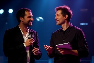 Journalist holding a recorder interviewing a musician on stage